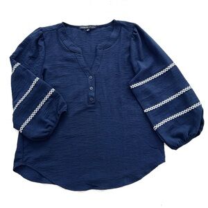 Adrienne Vittadini Navy Blouse with Nautical Trim Blousey Sleeves EUC